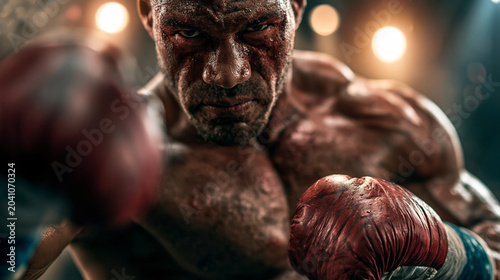 Close up a strong boxing man punching shot to camera , action cinematic image.