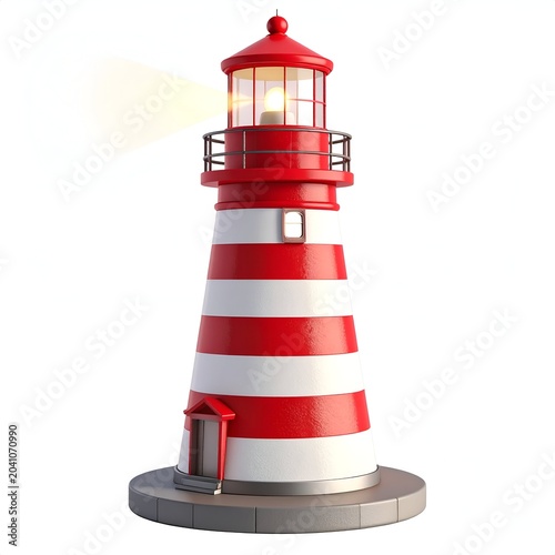 Red and White Striped Lighthouse with Glowing Light on White.