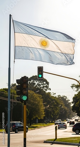 Large Argentine Flag Waving Above Traffic Light on Sunny Urban Street