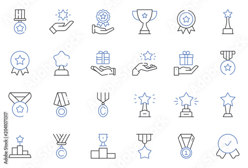 Bild auf Leinwand Award and Achievement Line Icons Set Trophy, Medal, Badge, Reward, Winner, Recog
