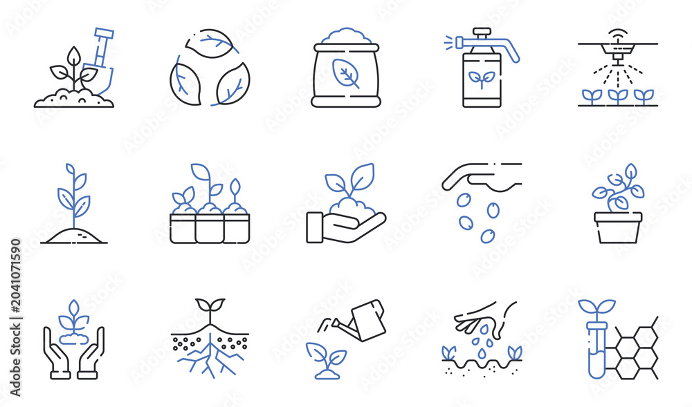 Fototapeta premium Gardening and Plant Growth Flat Line Icons Set Seedling, Sprout, Irrigation, Fertilizer, Watering, Sustainable Agriculture Editable Stroke Vector Illustration