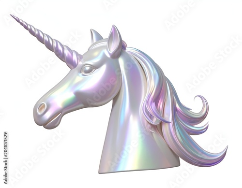 Iridescent Unicorn Head Sculpture with a Magical and Dreamy Aesthetic.