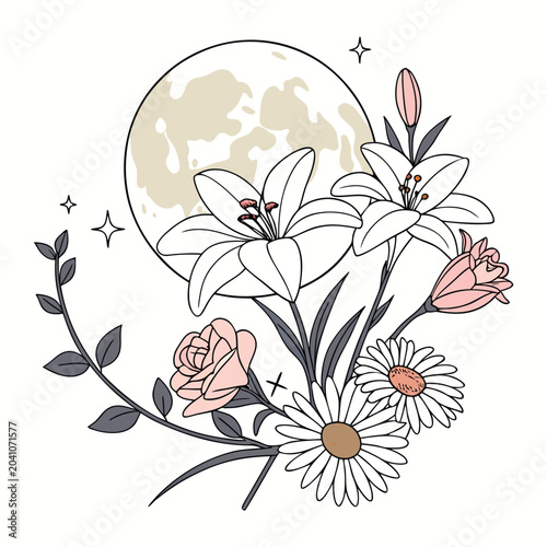 Fotografija Moon and flowers blend in a serene night scene, where soft lunar glow kisses blooming petals, creating a dreamy harmony of light, nature, and calm beauty under starry skies night