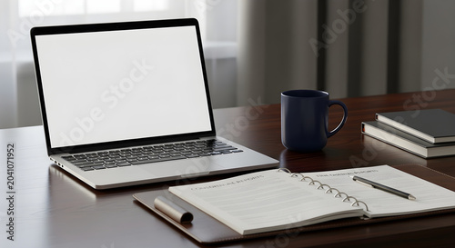 Modern Minimalist Workspace Setup Featuring An Open Laptop Computer With Blank White Screen And Professional Office Supplies On A Dark Wooden Desk