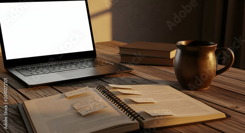 A cozy workstation featuring an open laptop with a blank screen, a notebook with sticky notes, stacked books, and a warm mug on a wooden desk during golden hour