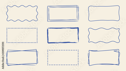 Tableau sur toile Hand drawn blue frame set with wavy dotted and sketchy borders for text boxes an