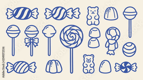 Tableau sur toile Candy and sweets icon set with lollipops gummy bears and wrapped treats in blue