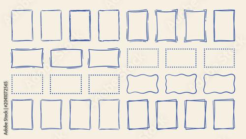 Fotografie Hand drawn blue frame collection with sketchy borders dotted lines and wavy rect