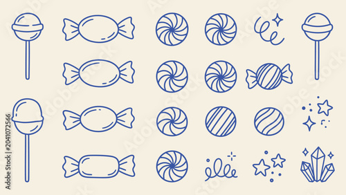 Fotografia Blue line art candy icon set with lollipops wrapped sweets peppermint swirls and