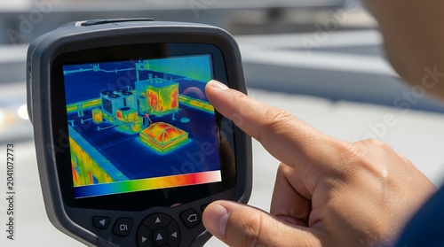 Hand pointing at thermal imaging camera screen on roof