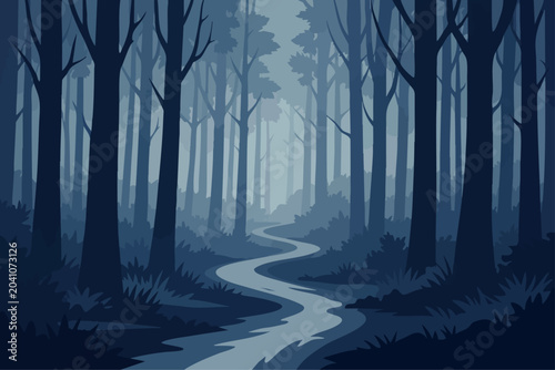Dark Forest River Vector Illustration Nature Landscape Background