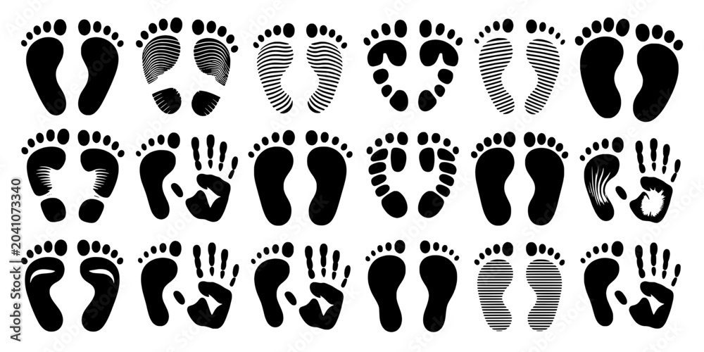 Fototapeta premium Paw print icon set with black icons, hand gesture marks, and striped paw patterns for playful graphic designs