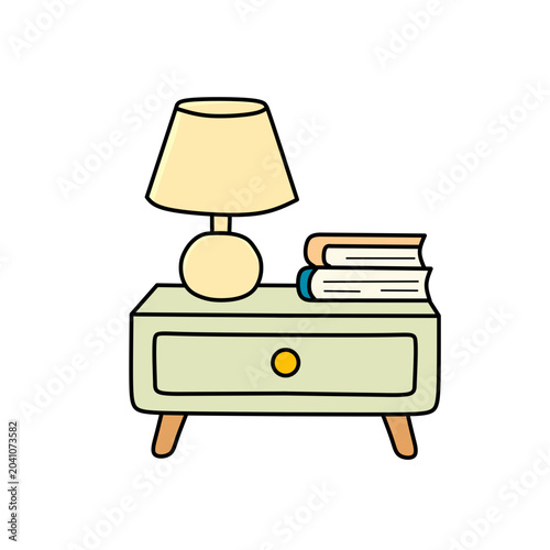 Sage Green Nightstand with Lamp and Books Vector Illustration