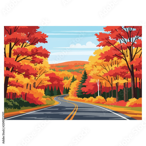 Winding asphalt road through a vibrant autumn forest in New England, featuring colorful red and orange maple trees, yellow foliage, and evergreen pines under a clear blue sky.