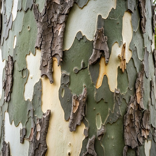 Peeling Multicolored Tree Bark Forming Natural Abstract Texture on Trunk