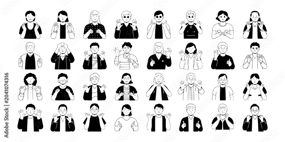 Obraz premium People avatar set of line icons with varied outfits and hairstyles, vector-style character illustrations for design and social media