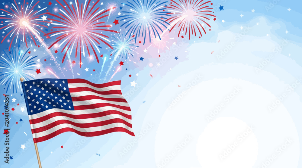 Fototapeta premium American flag waving with vibrant fireworks and stars on a patriotic background for independence day celebrations