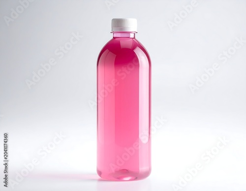 Clear Pink Plastic Bottle Standing on White Studio Background