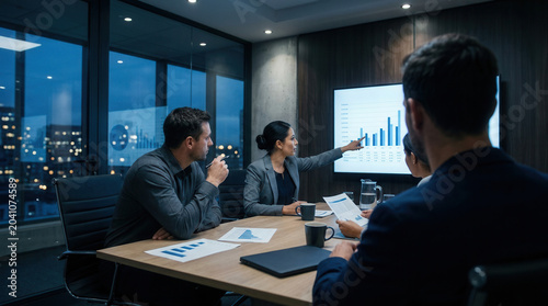 Business Team Analyzing Financial Data During a Nighttime Presentation Meeting