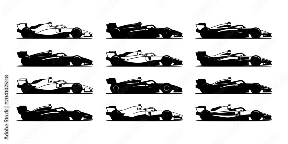 Fototapeta premium Race Cars Set with Sleek Designs and Dynamic Silhouettes Featuring Racing, Speed, Motorsport with Black and White and Vector Elements for Auto