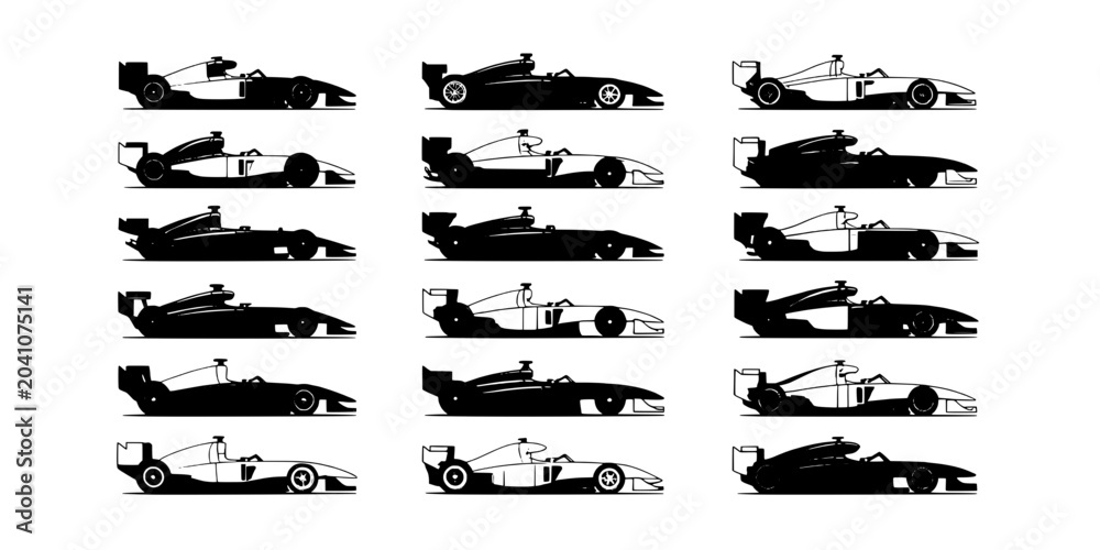 Fototapeta premium Race cars set with various designs and colors in a grid layout featuring racing, vehicles, automotive with black and white elements for design,
