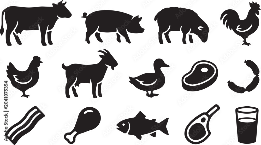 Obraz premium Set of Farm Animals and Meat Food Product Silhouettes