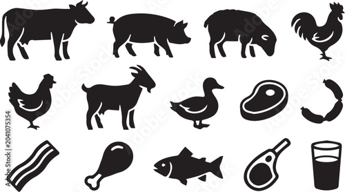 Фотография Set of Farm Animals and Meat Food Product Silhouettes