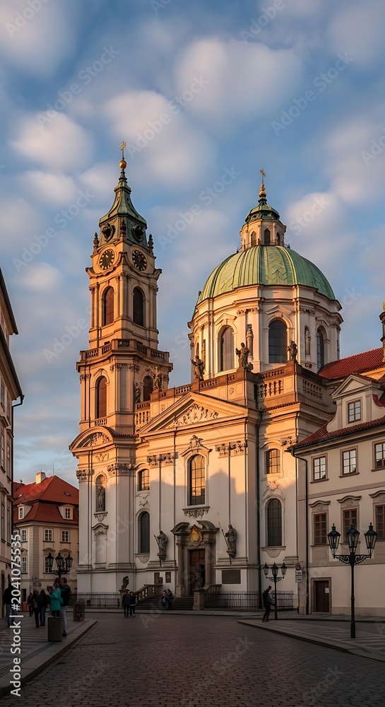 Fototapeta premium Historic Baroque Church with Clock Tower Glowing in Warm Evening Light on Cobblestone Square