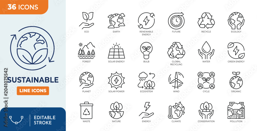 Obraz premium Sustainable icon set. Contain icons related to Sustainability and environmental. Editable stroke. Vector illustration