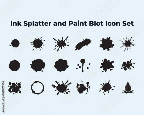 Photos Ink splatter and paint blot icon set showing various black liquid drops stains and artistic spray marks for creative graphic design projects or abstract textures