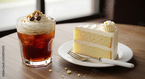 Iced Coffee with Whipped Cream Beside Vanilla Cake Slice on Cafe Table
