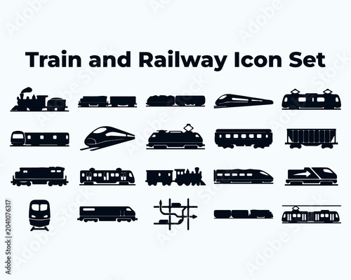 Foto Train and railway icon set illustrating steam engines locomotives subways transport transit vehicles rail tracks wagons carriage commute travel logistics design