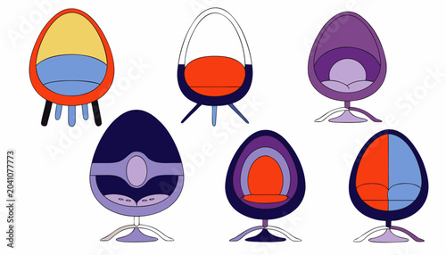 Very beautiful collection of futuristic egg-shaped lounge chairs featuring soft cushions, elegant silhouettes, and contemporary interior design aesthetics, isolated on a clean background.
