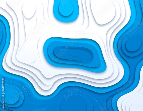 Abstract Blue and White Layered Paper Cut Topographic Shapes on Minimal Background