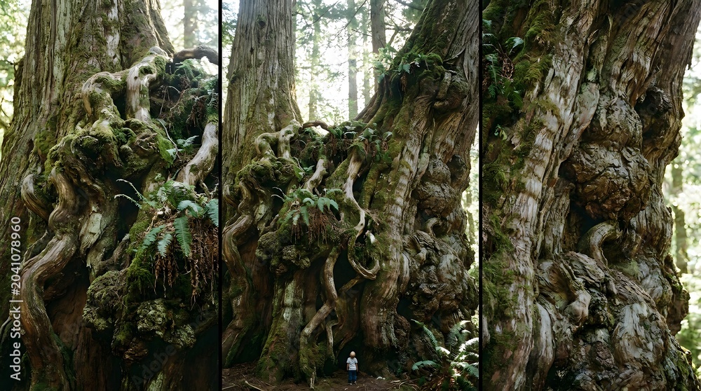 Fototapeta premium Massive Gnarled Tree Trunk Seen From a Dramatic Widescreen Perspective, Upscaled 6x