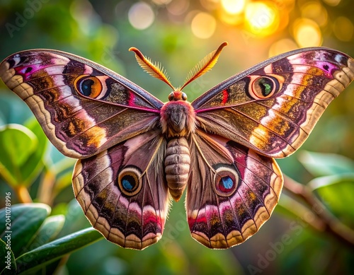 Colorful Giant Moth Resting with Open Wings in Sunlit Green Garden