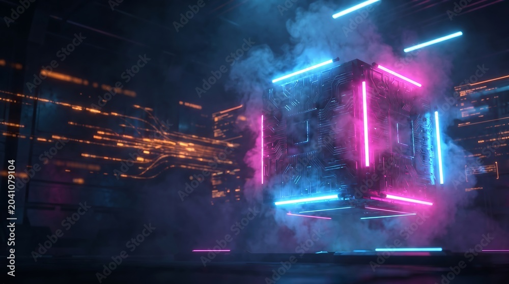 Fototapeta premium Futuristic Artificial Intelligence background showcasing a neon glowing data cube, ideal for digital transformation, big data, and cybersecurity concepts.