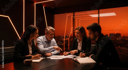 Business Team In Modern Office Discussing New Strategies, illuminated by vibrant neon lights