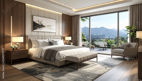 Luxurious Bedroom with Mountain View and Modern Design.