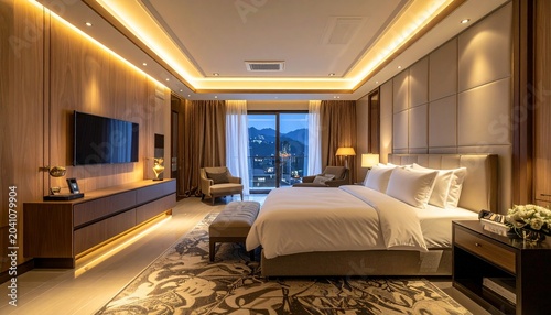 Luxurious Hotel Suite with King Bed and City View.