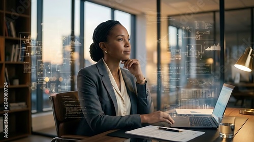 Professional Woman Working With Faint Digital Data Layer