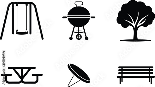Bild auf Leinwand Set of black minimalist icons representing park and outdoor recreation elements