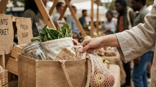 Sustainable Choices: Eco conscious consumer selecting sustainable products at local market
