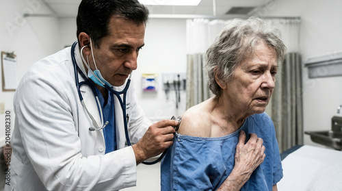 Doctor Examining Senior Woman's Back While Using a Stethoscope for Diagnosis in Hospital Setting