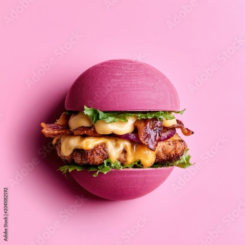 Surreal burger creation features a glittering pink disco ball bun and vibrant toppings for a fun dining experience