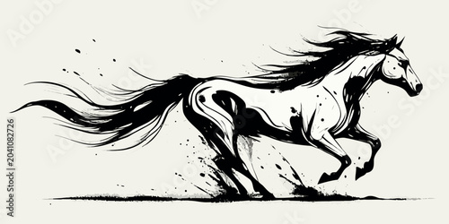 Konstfotografi Galloping Horse Illustration Ink Wash Style With Splatter Effects