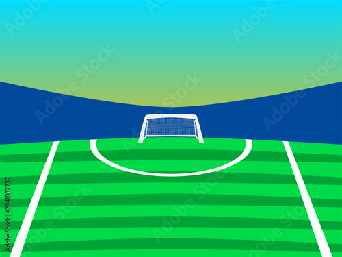 Minimalist geometric sports background featuring a green football pitch, penalty area lines, and goal post. Abstract flat design template for web and print.