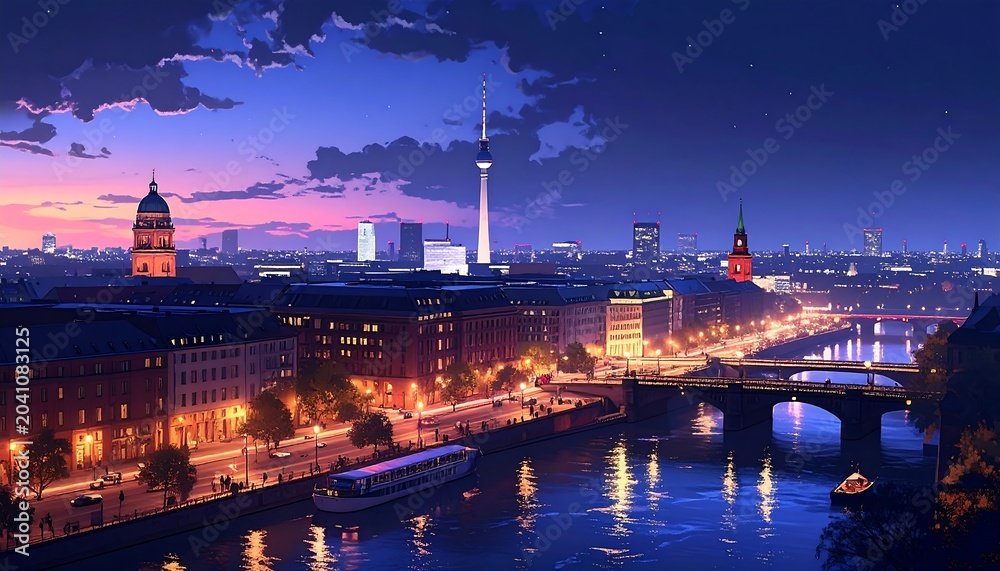 Fototapeta premium Cityscape at dusk with illuminated bridge.