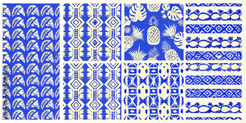 Konstfotografi Tropical folk art patterns in blue and white repeating vector designs