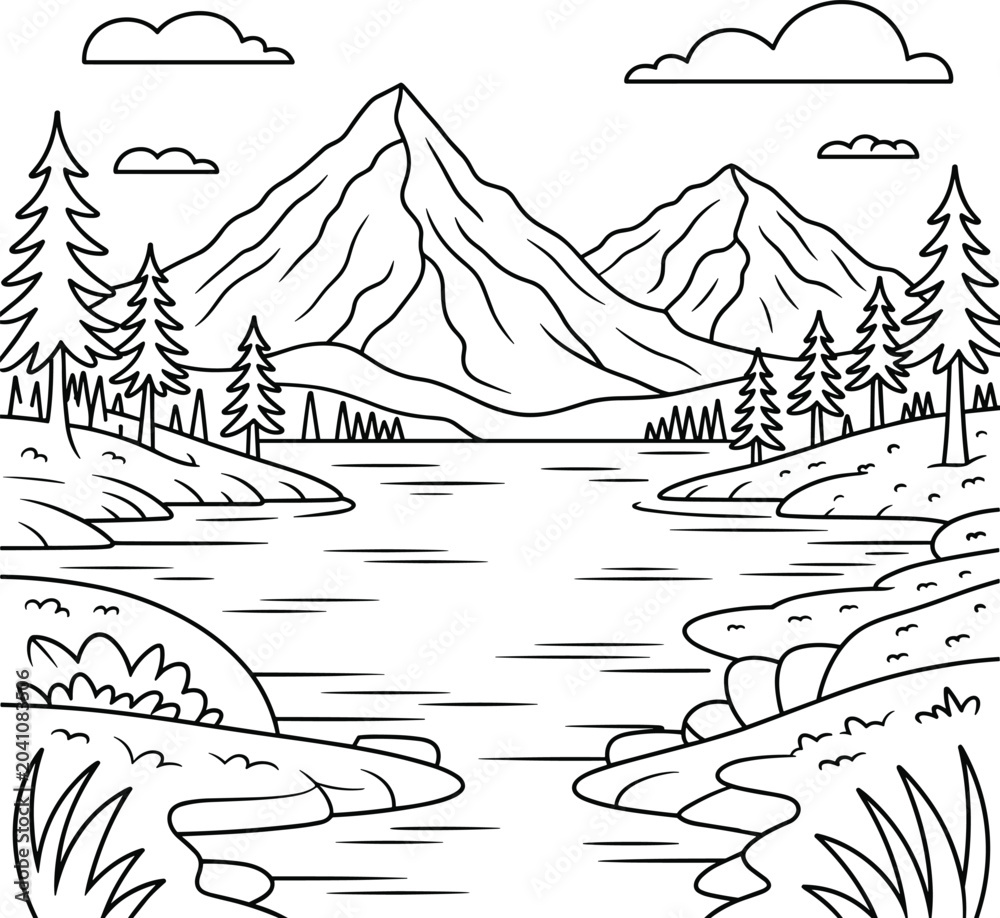 Fototapeta premium Mountain landscape with pine trees and river, coloring page line